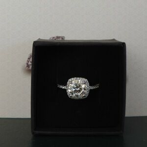 Silver Halo Cushion-Cut Cubic Zirconia Engagement Ring - White